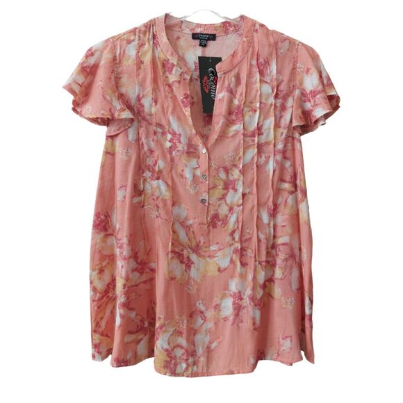 NWT Cocomo Plus Size 3X Pink Multicolor Floral Pintuck Flutter Short Sleeve Top - Picture 1 of 8